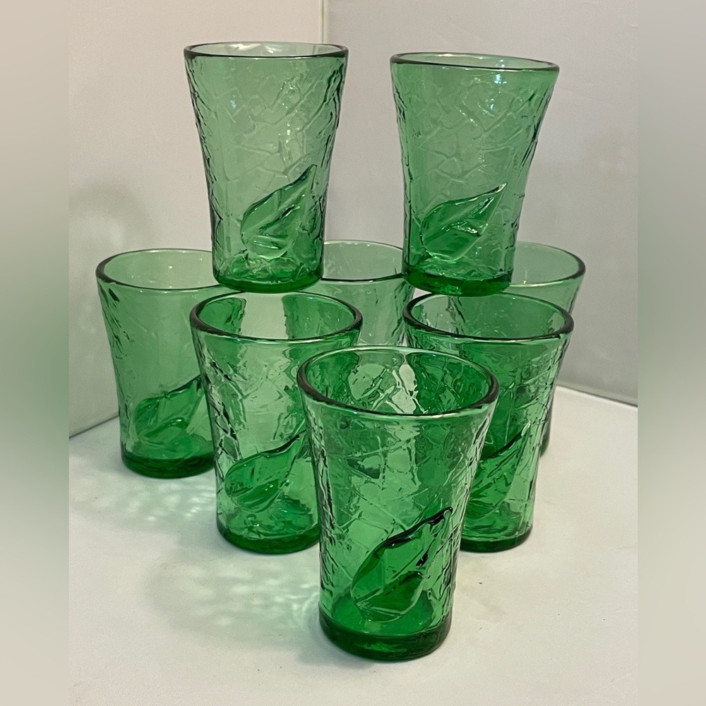 8 Rare Midcentury Crackle Glasses Applied Art Glass Leaf by Bonita Art Glass‎